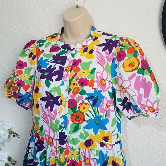 J. Crew Puff-sleeve Dress in Vibrant Garden Print Floral Shift Dress - Picture 3 of 9